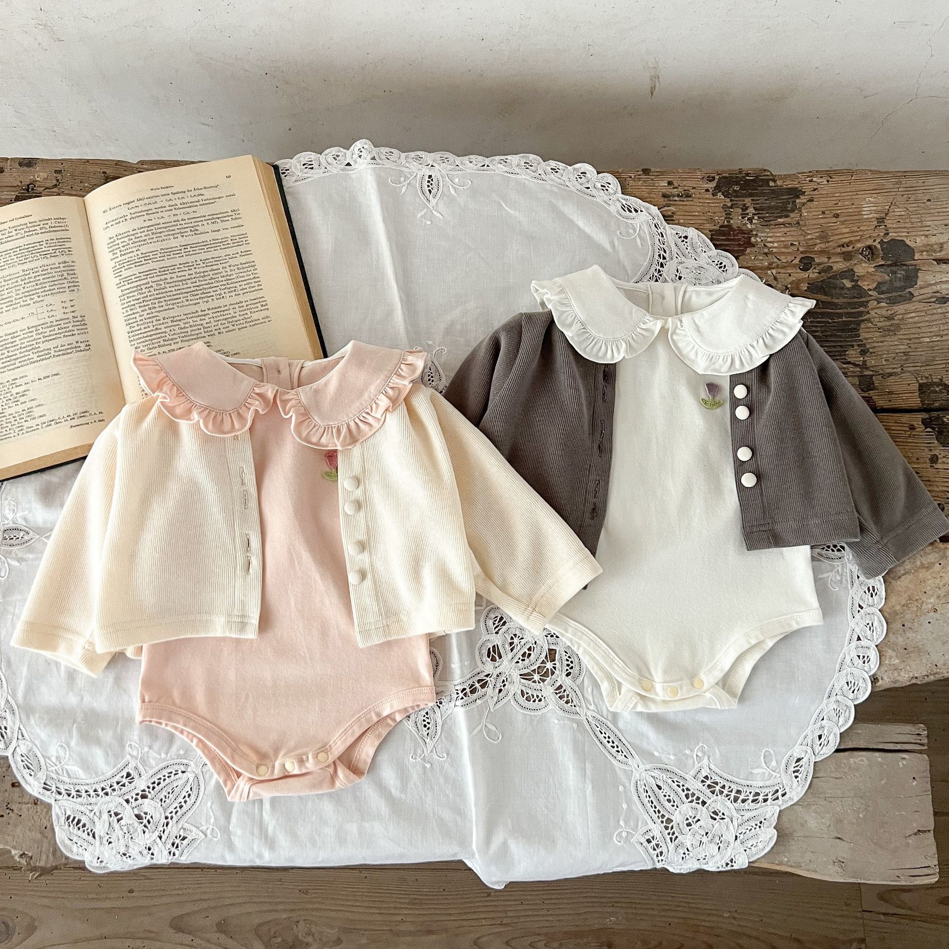 ins秋季婴幼童可爱刺绣娃娃领长袖包屁衣 开衫外套宝宝外穿衣服