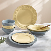 法式浮雕陶瓷盘奶油黄花朵高颜值餐盘椭圆深盘米饭碗家用碗盘套装