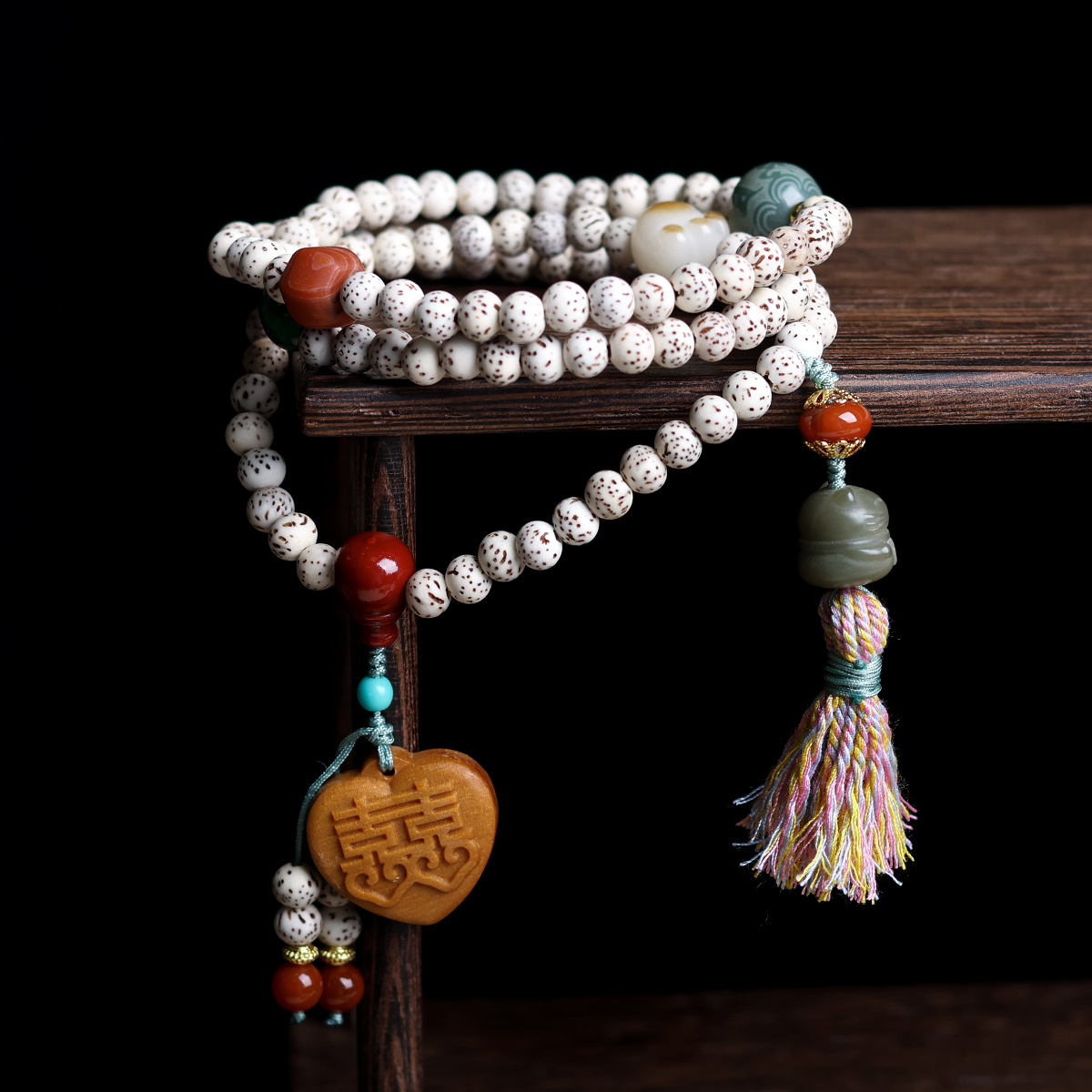海南星月菩提籽三圈手串文玩檀木双喜吊牌手链女款招财猫饰品批发