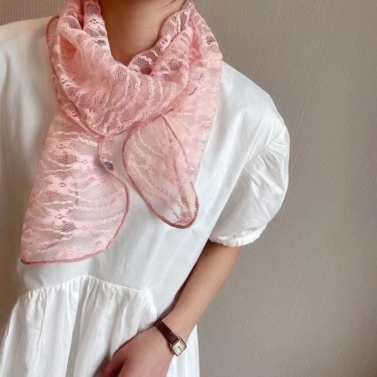 韩版蕾丝小花朵领巾女 秋款洋气时尚小丝巾 装饰头巾发带长飘带