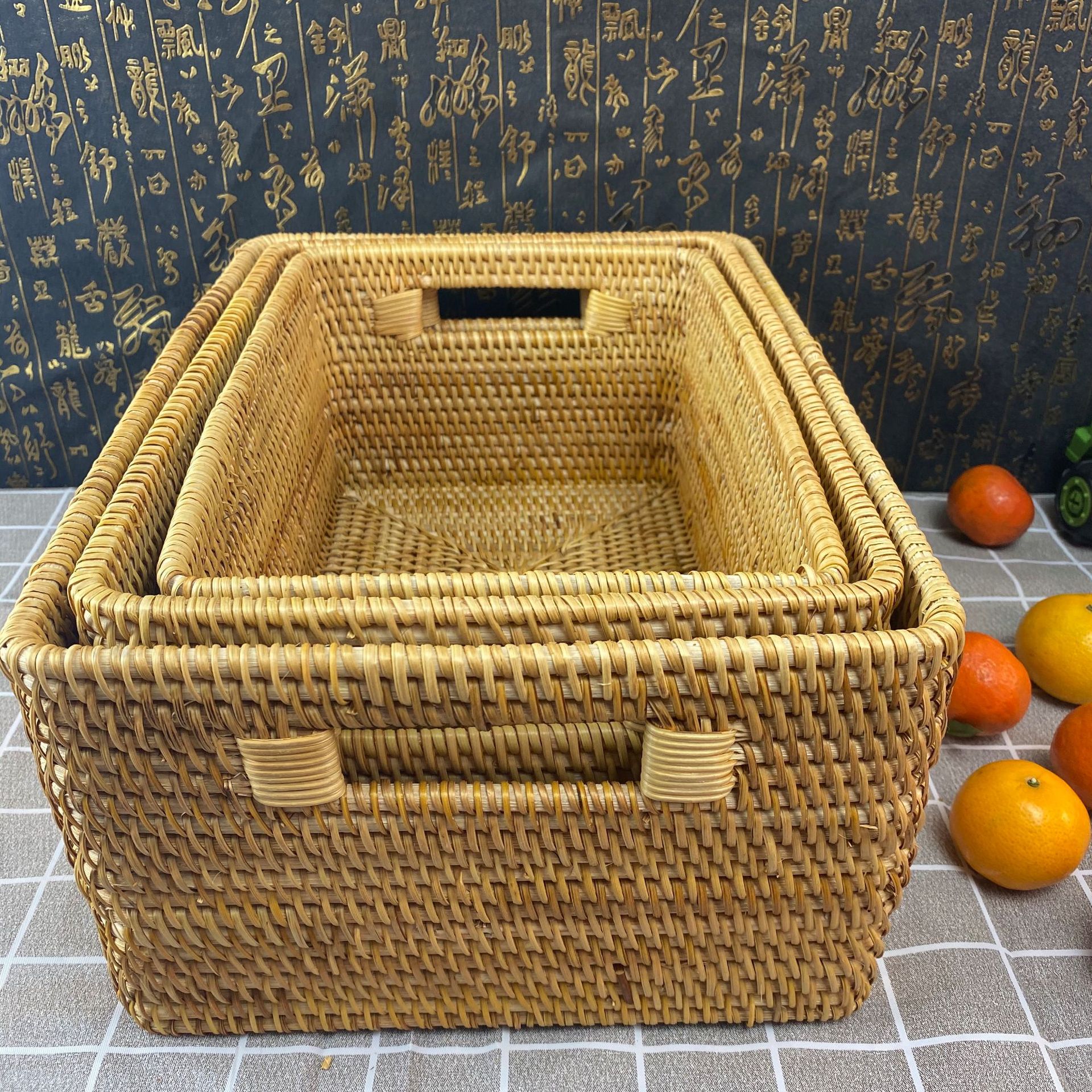 越南秋藤手工藤编收纳筐卧室储物筐桌面整理筐大收纳筐三件套