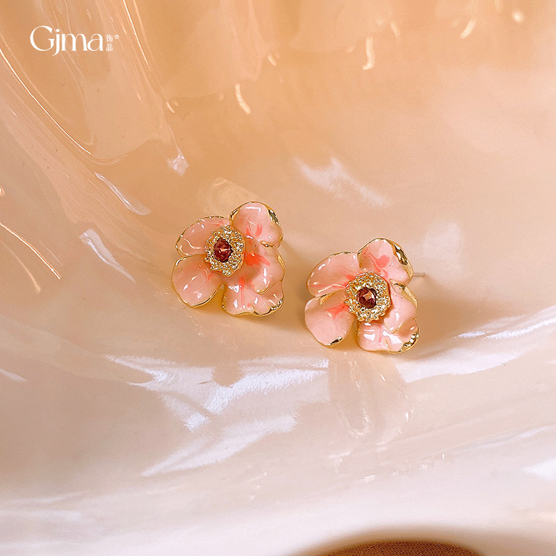 Silver Needle Sweet and Diamond Mounted Oil-Spot Glaze Flowers Stud Earrings Internet Celebrity Girly Earrings Fashion Trend High Sense Earrings Wholesale