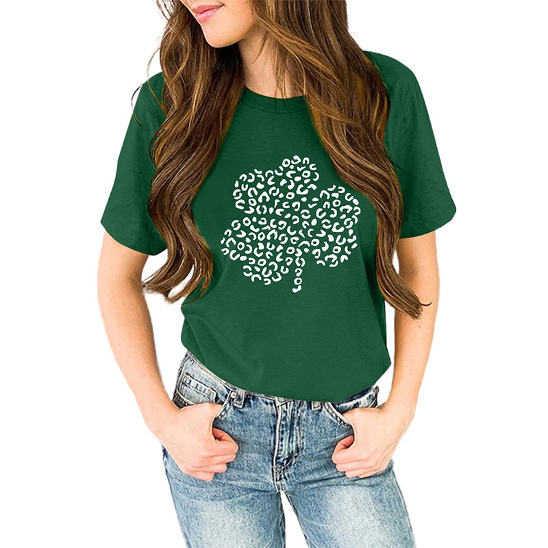 幸运三叶草四叶草短袖印花上衣女跨境圣帕特里克节t恤女