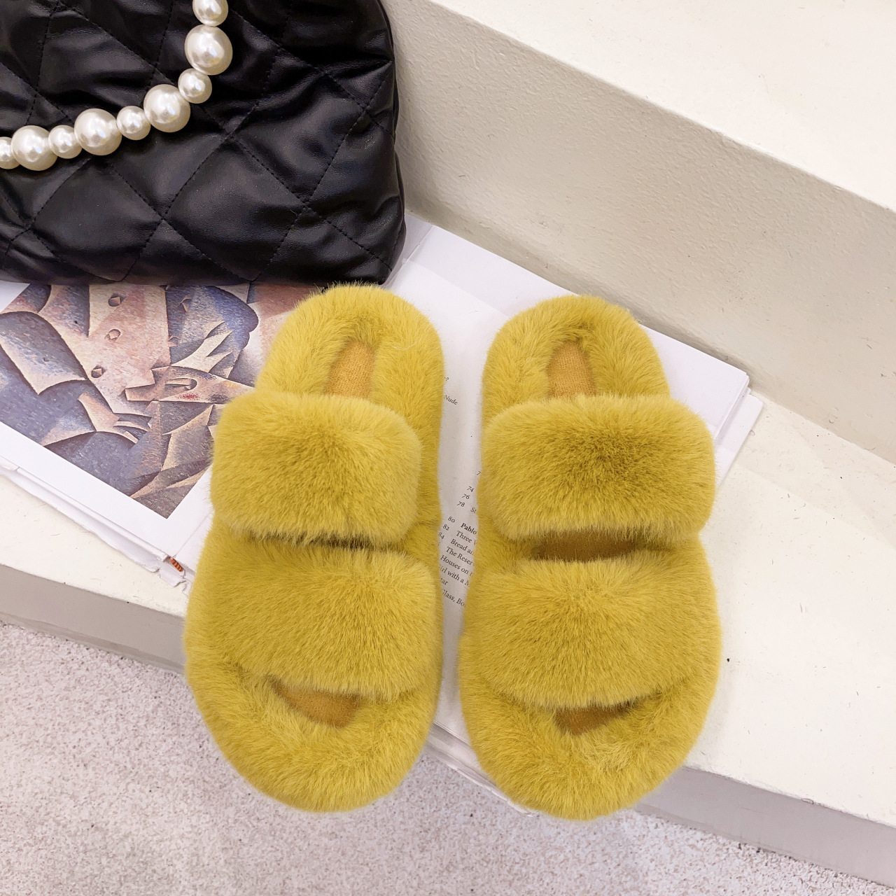 Flat Large Size One-Word Plush Women's Slippers Spring, Autumn and Winter Warm Indoor Fashion All-Matching Flat Bottom Thickened Factory Wholesale