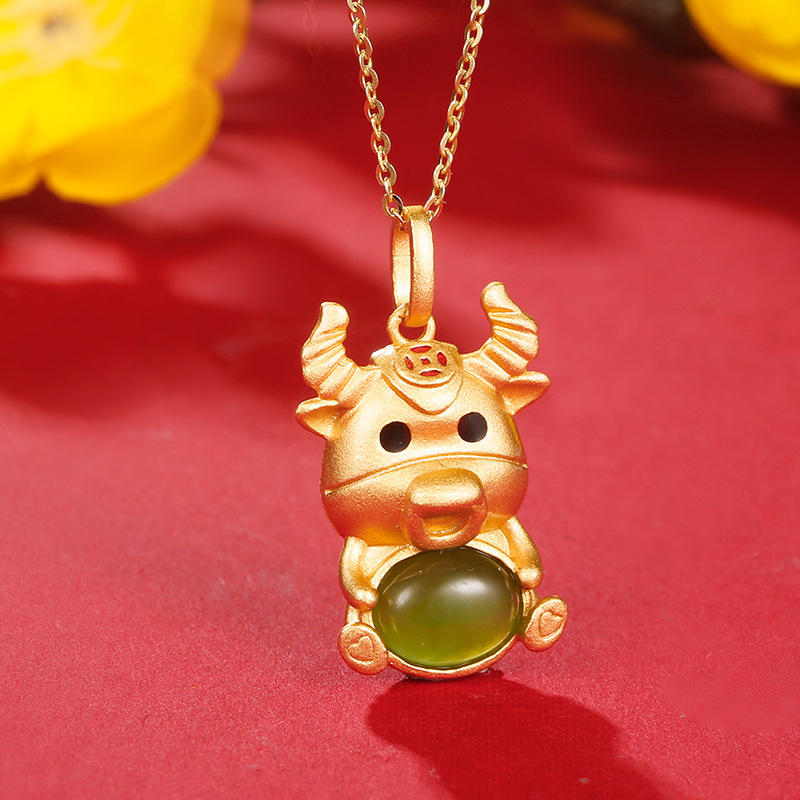 卡芭司s925银镶和田玉可爱福牛项链时尚个性国潮项链饰品厂家批发