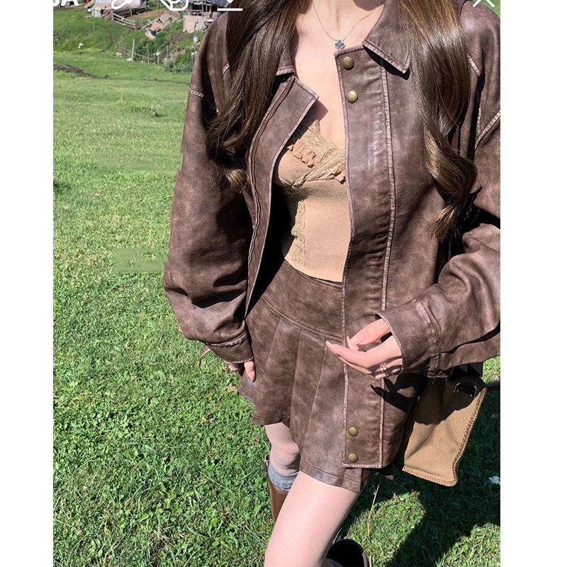 系复古擦色做旧皮衣外套百褶裙女宽松甜酷机车美式皮夹克套装