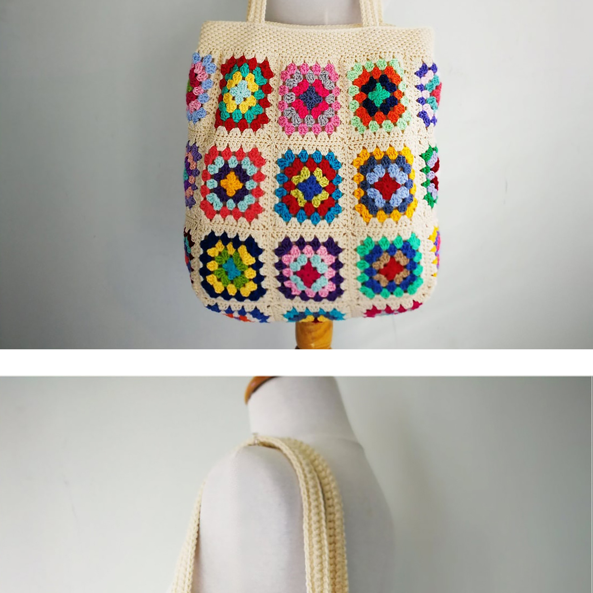 yunweny拼花钩针编织袋格兰尼方形袋钩针编织手提袋波西米亚女包