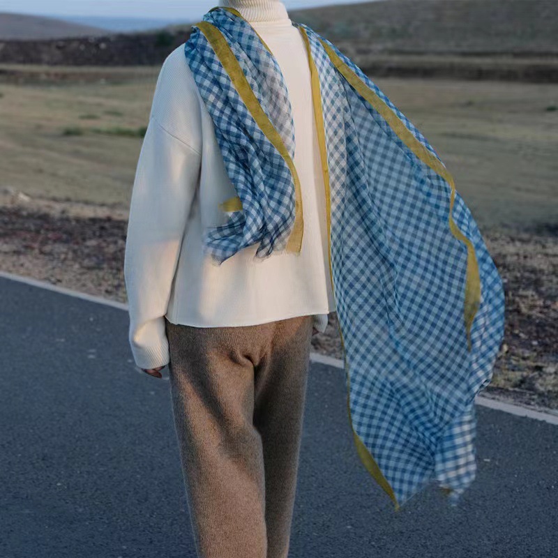 真丝雪纺长巾围巾披肩桑蚕丝丝巾女士格子百搭防晒头巾薄款-阿里巴巴