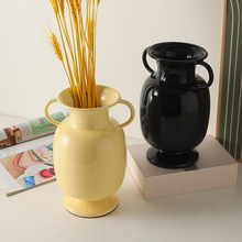 简约现代奶黄色陶瓷双耳花瓶 北欧ins风插花花器桌面摆件工艺品