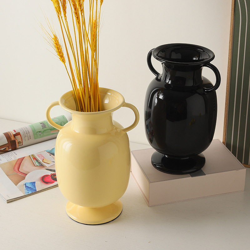 Simple Modern Milky Yellow Ceramic Binaural Vase Nordic Ins Style Flower Arrangement Desktop Decoration Crafts