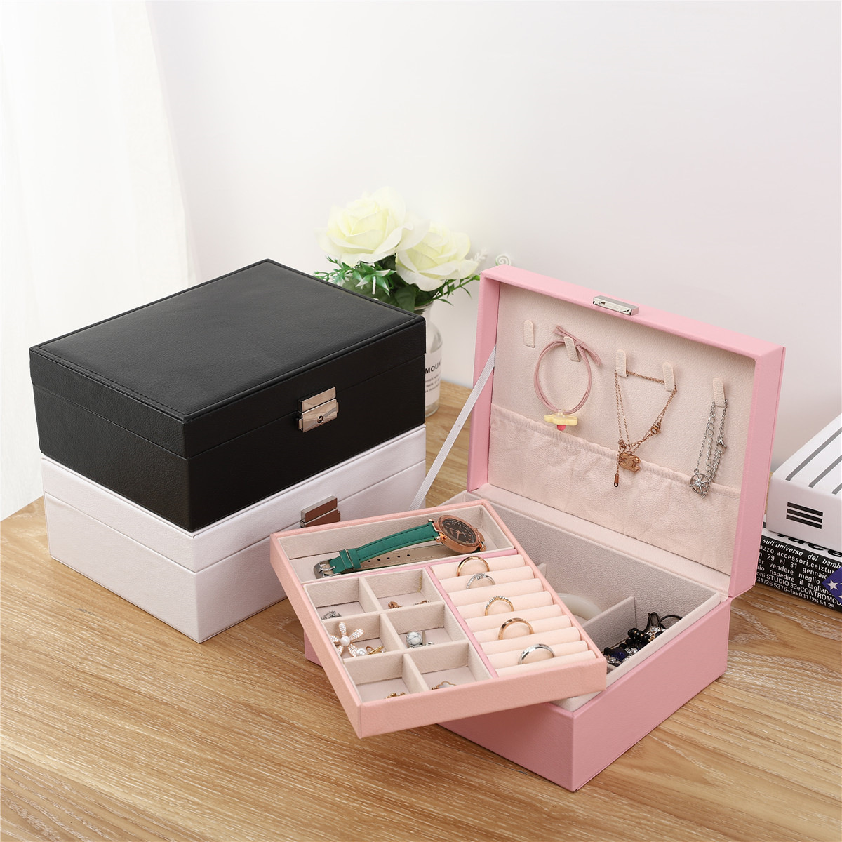 Jewelry Box Multi-Layer with Lock Affordable Luxury Style PU Leather Jewelry Packaging Earrings Ear Stud Necklace Gift Box Jewelry Box