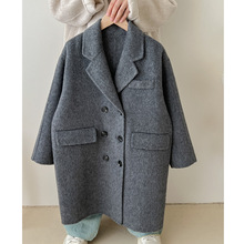 韩国童装高端儿童百分百双面羊绒呢子大衣男女童西装领长款外套
