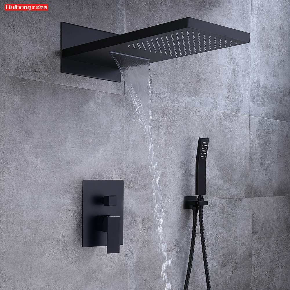 开平花洒瀑布飞雨黑色暗装淋浴套装铜不锈钢酒店浴室广东安居卫浴