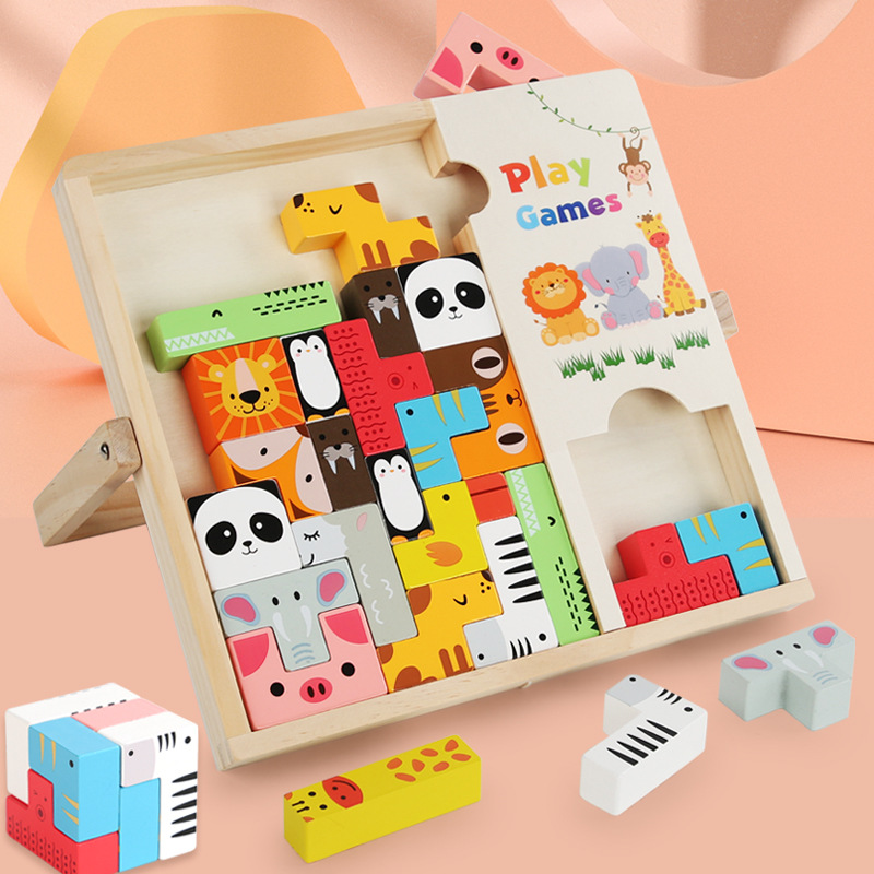 Children's Enlightenment Science and Education Wooden Toy Assembled Gift Box Puzzle Animal Assembled Large Particle Tetris Building Blocks