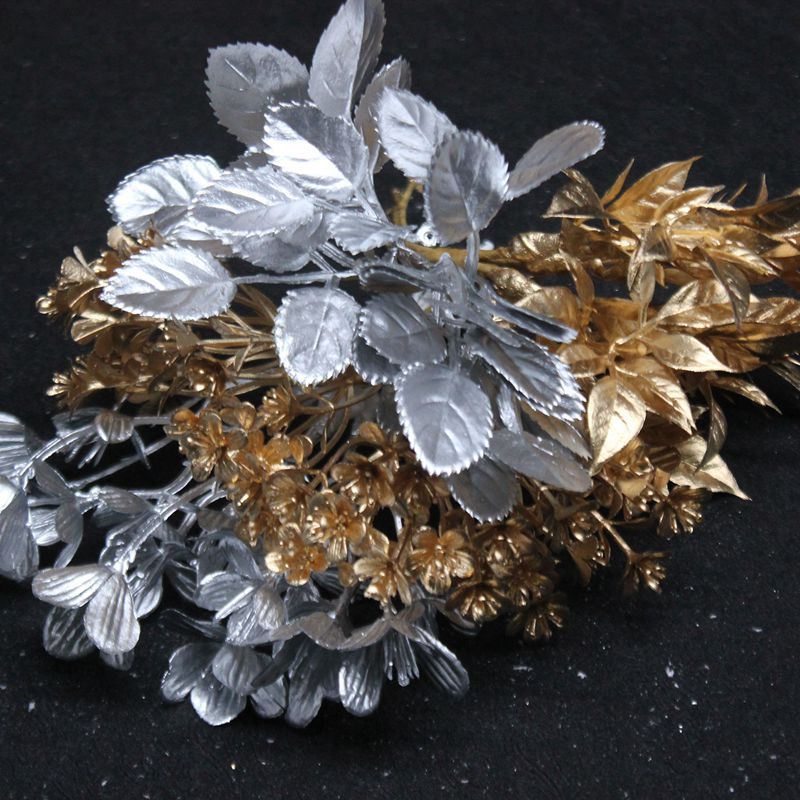 diy森系新娘花环伴娘手腕花秀禾团扇仿真喷漆金银树叶花朵装饰材