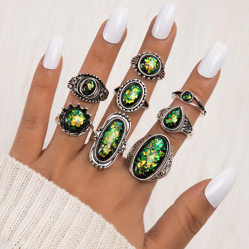 Europe and America Cross Border Ring Set Vintage Geometric round Oval Imitation Opal Gem 8 Pieces Ring Set Finger Knuckle Ring