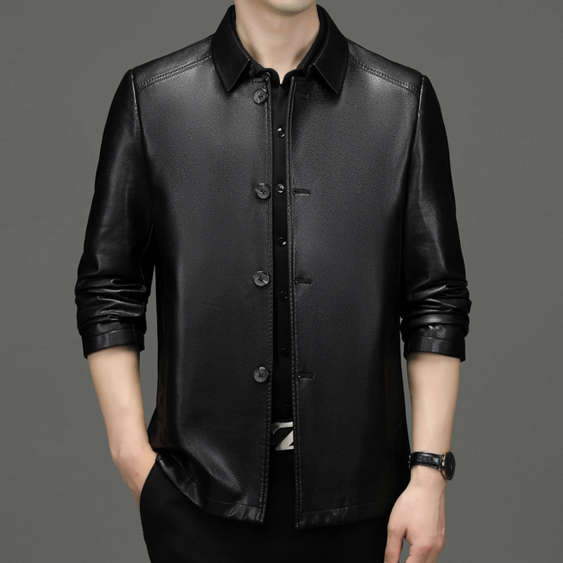 男装商务休闲薄款翻领皮衣秋冬季新款中男士宽松免烫外套上衣