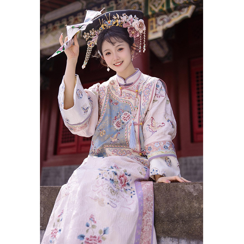 格格服装满清旗装古风国风女装粉色马甲旗袍连衣裙两件套装秋2561