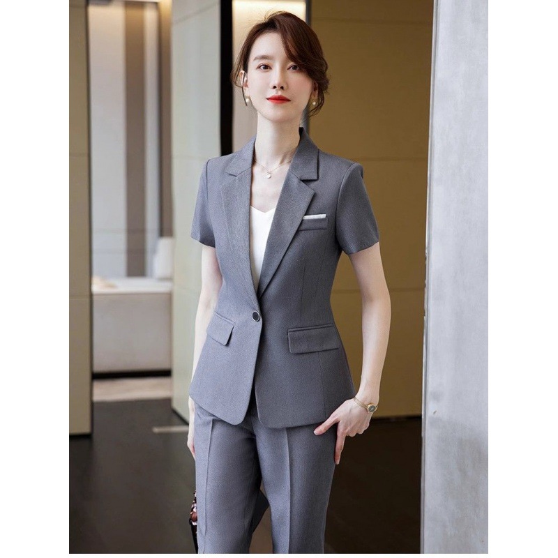 黑色短袖职业西装套装女夏季高级感气质面试正装薄西服外套工作服