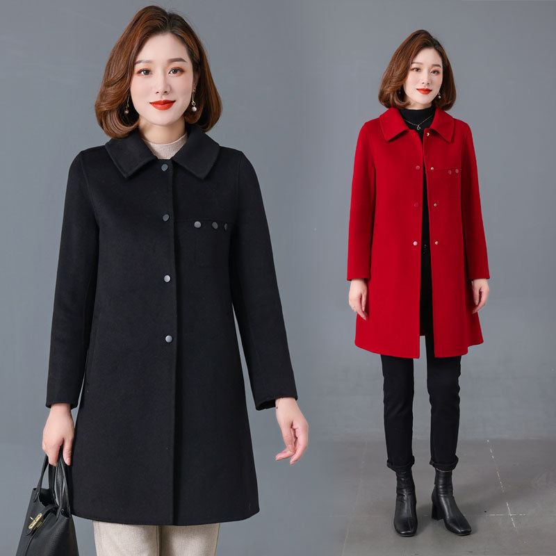 红色纯羊毛双面呢新款2023中长款女毛呢羊绒大衣女外套秋冬高级感