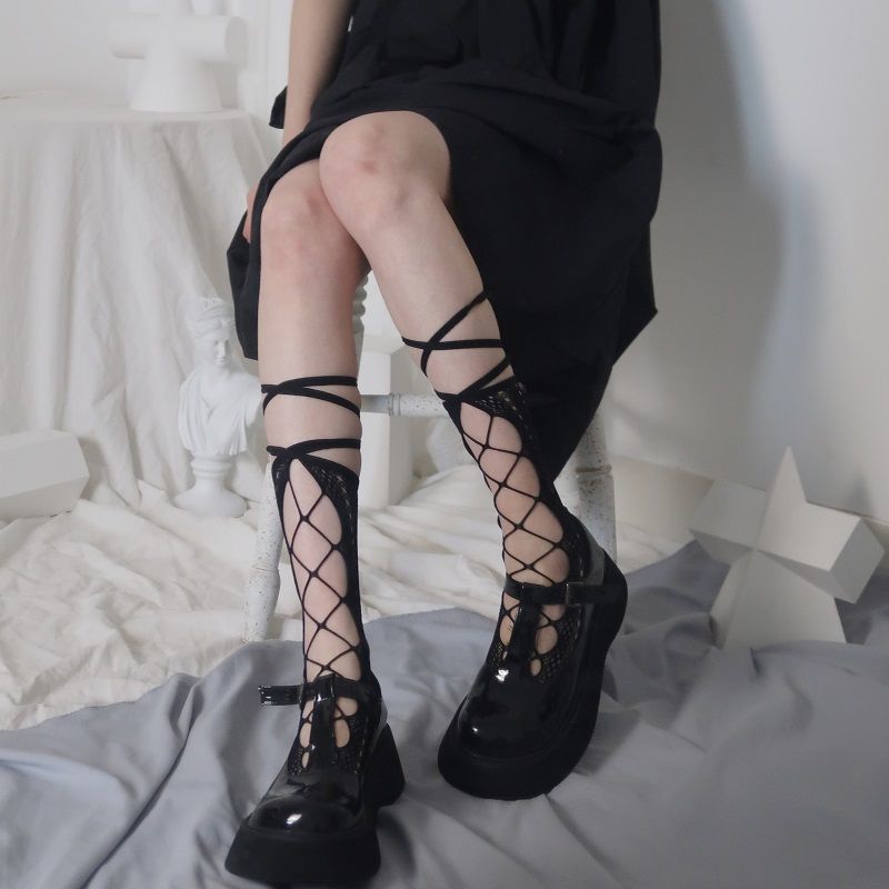 白色萝莉交叉绑带袜子夏季薄女小腿日系学生jk美腿中筒袜网眼袜