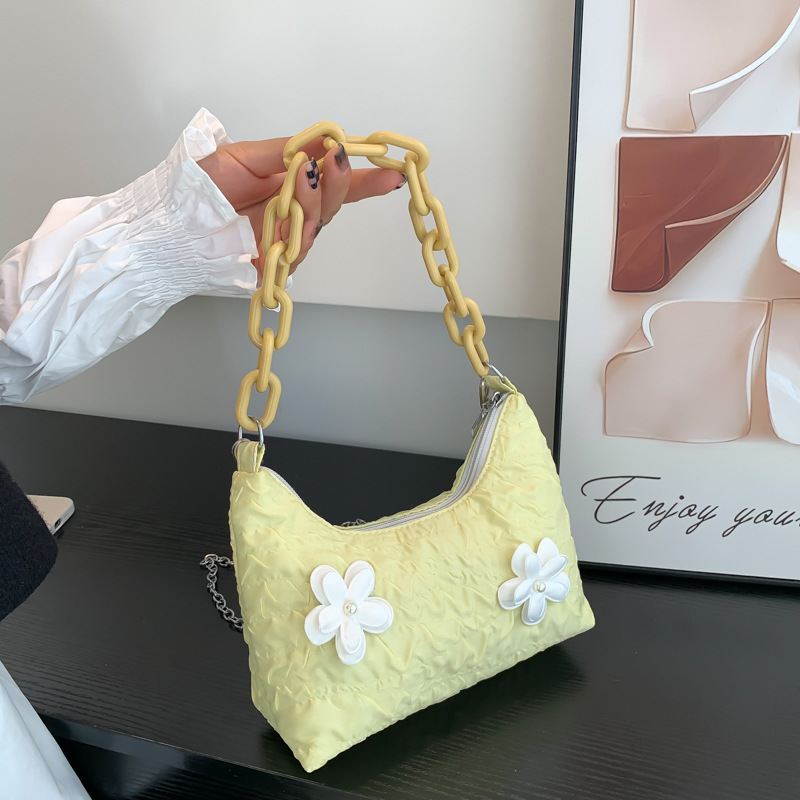 Baguette Bag Women's 2022 Autumn New Korean Style Nylon Pleated Chain Underarm Bag Women's Shoulder Bag