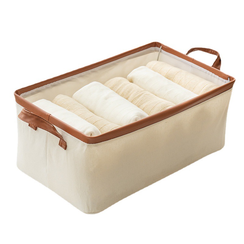 Pu Stitching Cotton and Linen Spot Storage Basket Steel Frame Storage Basket Foldable Wardrobe Pants Underwear Storage Box Handle