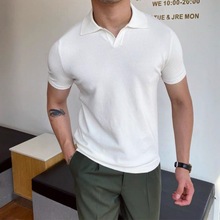 韩国简约夏季男士V领无扣短袖翻领衫英伦意式小资修身休闲POLO衫