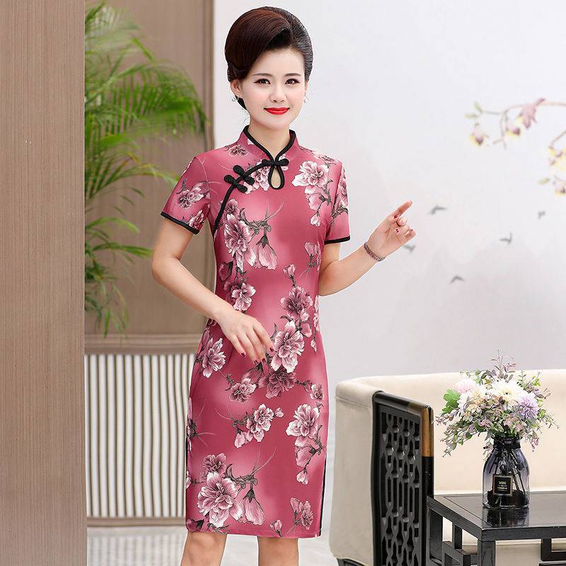 时尚妈妈装夏季新款显瘦长款中国风改良旗袍中老年女装短袖