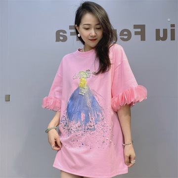 夏季新款高货女装短袖太空棉t恤跨境女装荷叶边拼接宽松半袖上衣