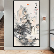 包邮新款十字绣国画迎客松竖版线绣客厅玄关风景画山水墨刺绣满绣