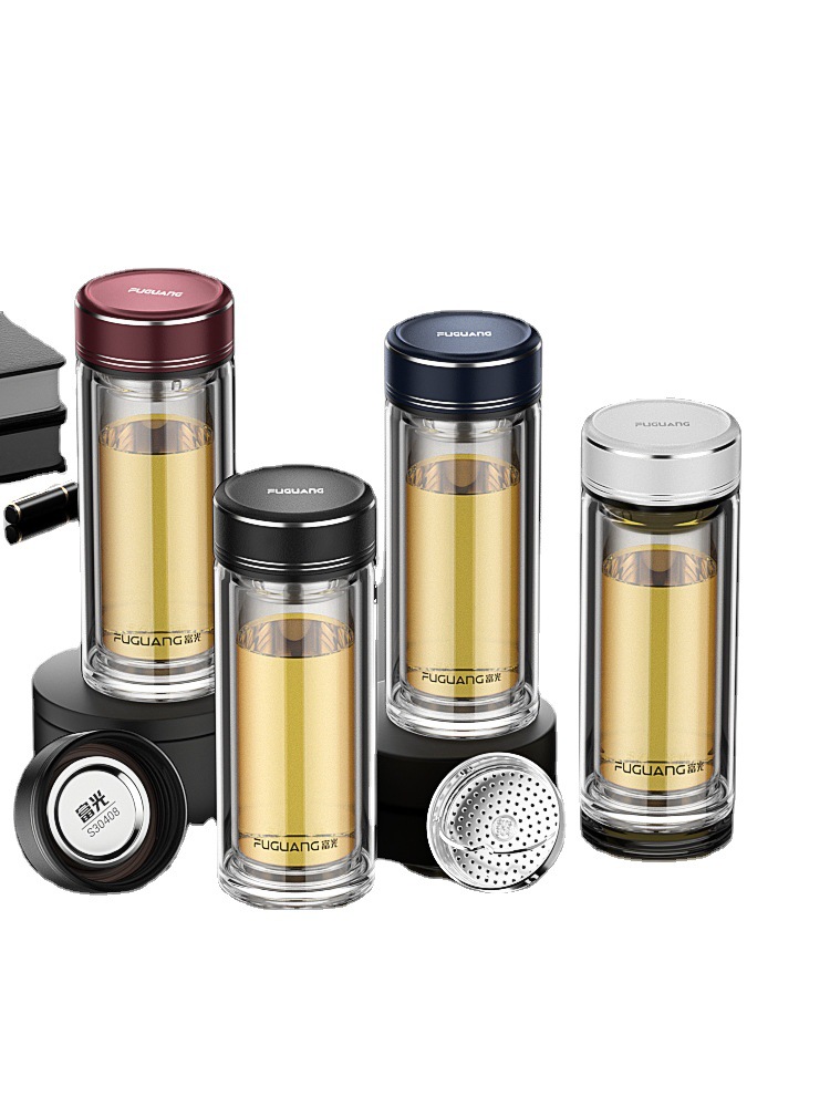 富光双层玻璃杯水杯男透明便携茶水分离泡茶商务杯礼物可加logo