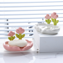 创意可爱花朵陶瓷肥皂盒免打孔沥水家用香皂排水洗手台置物架新款