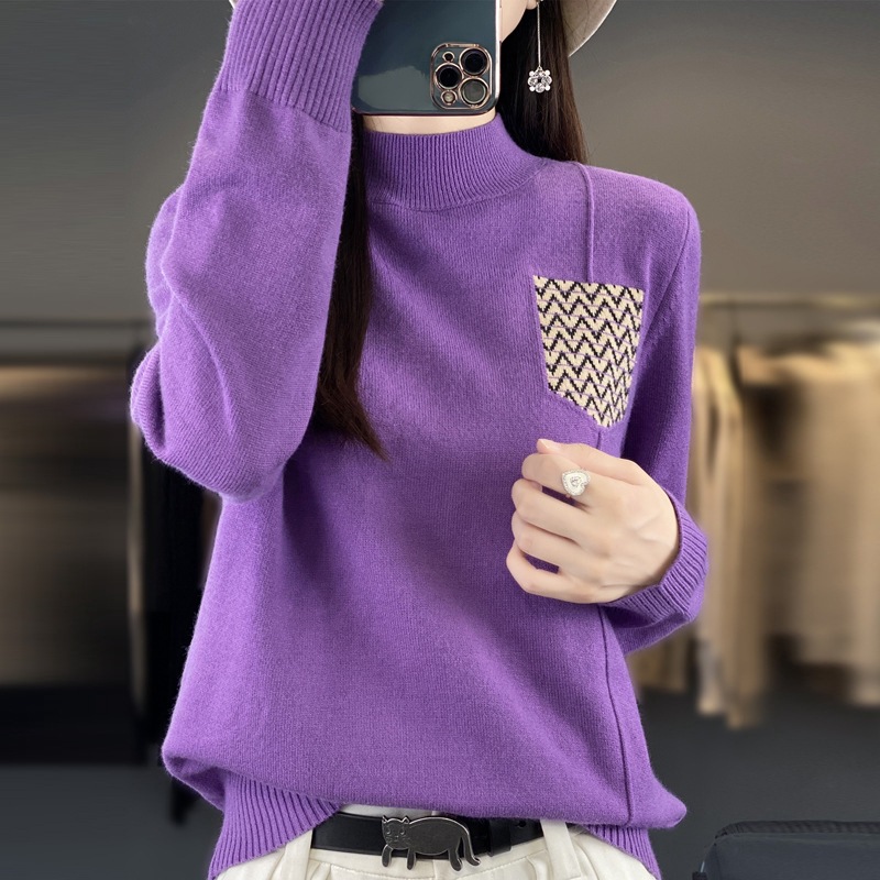 23秋冬新款长袖毛衣女半高领时尚假兜拼色宽松减龄韩版针织打底衫