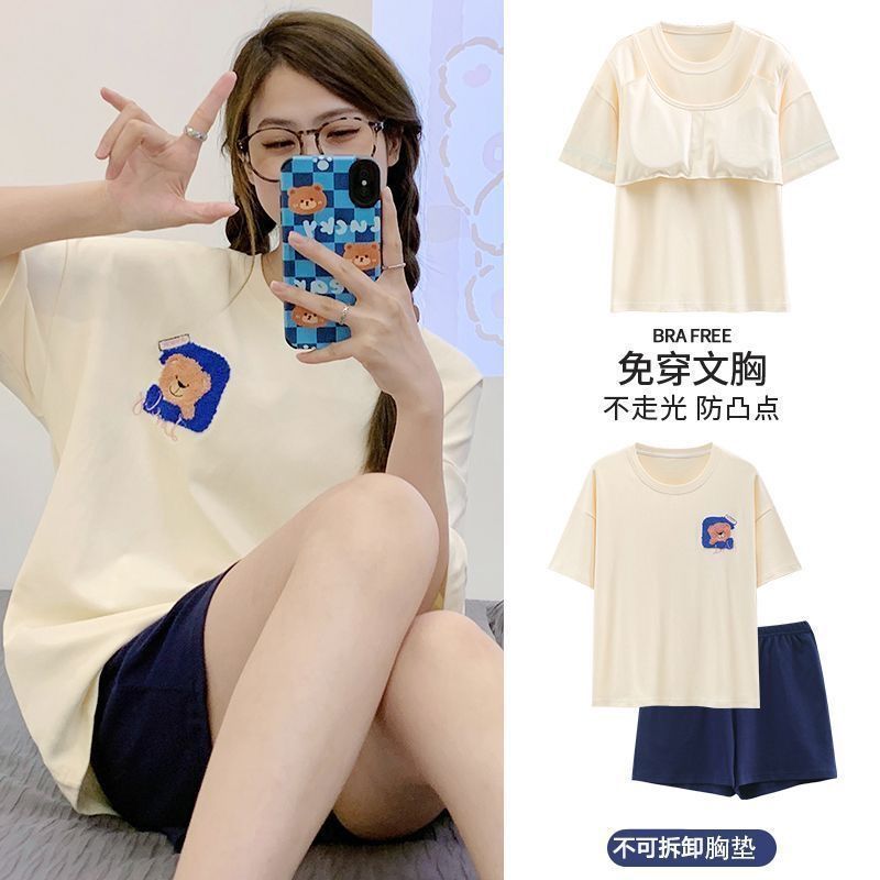 睡衣女夏季短袖套甜美带胸垫韩版卡通学生休闲家居服宽松大码夏天