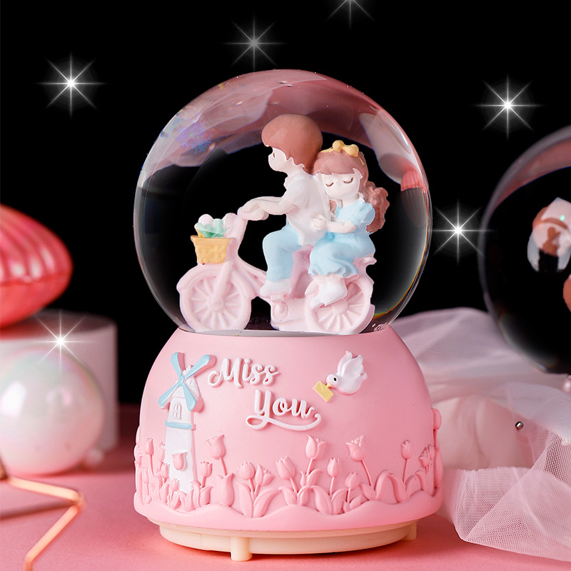 Bicycle Couple Luminous Crystal Ball Music Box Valentine's Day Gift for Girls Boys Music Box Decoration