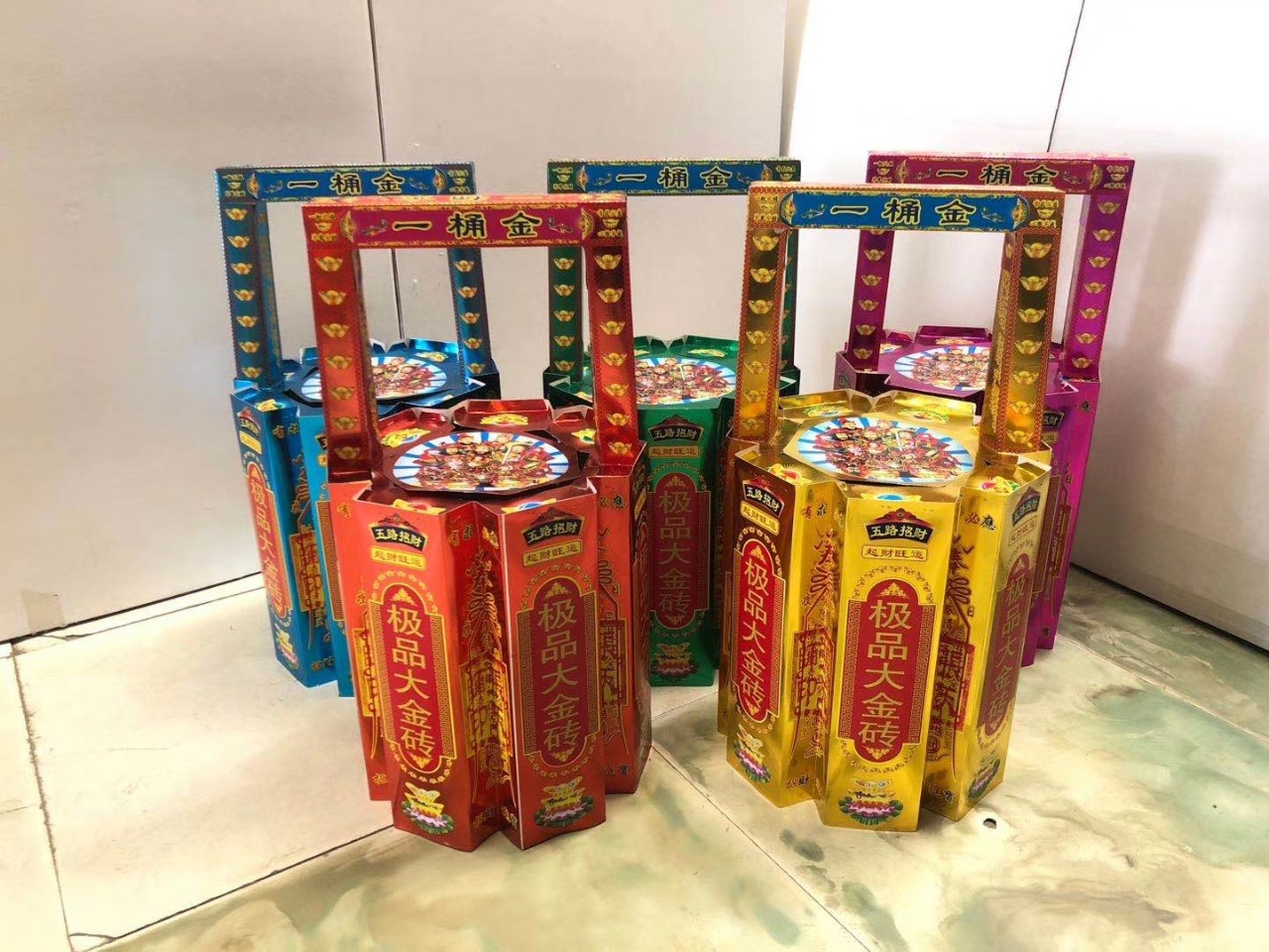 五彩五路财神一桶金纸半成品佛教祭祀补库聚财纸扎纸活殡葬用品