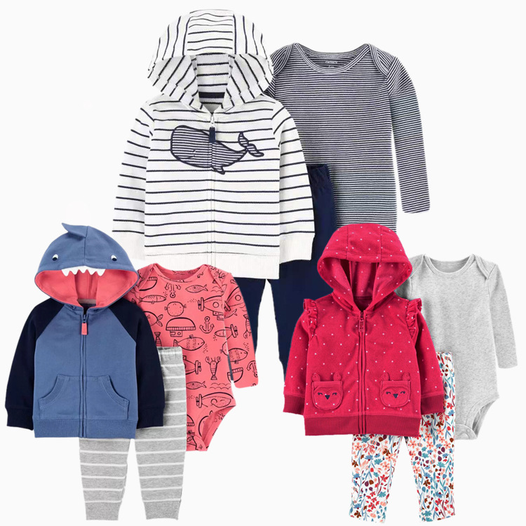 Spring and Autumn European and American Fashion Male and Female Baby Foreign Trade Hooded Long Sleeve Coat Onesie Three-Piece Suit One Piece Dropshipping