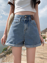 高腰牛仔短裤女夏季薄款外穿新款小个子显瘦宽松a字阔腿卷边热裤