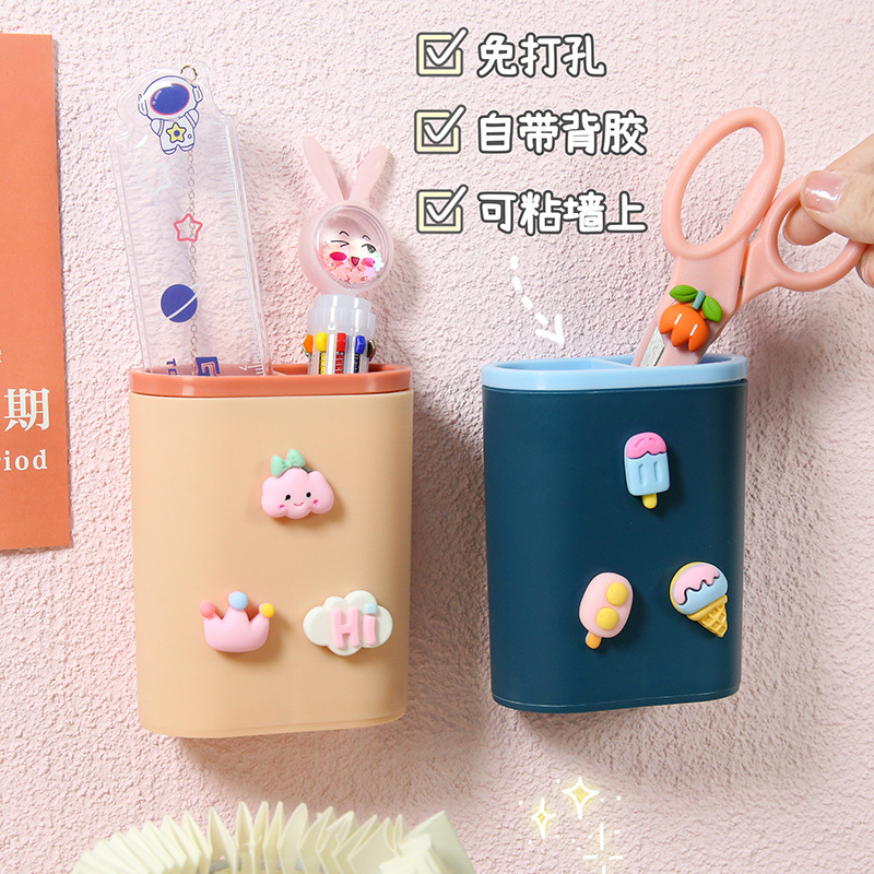 Cute Cartoon DIY No Punching on Walls Storage Box Student Stationery Desktop Organizing Pen Holder Makeup Brush Storage Tube