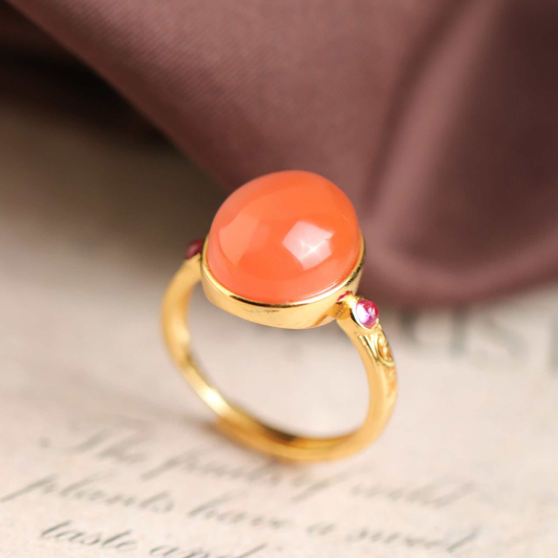 熹瑞冰红南红玛瑙蛋面戒指简约大气纯银镶嵌女士饰品椭圆开口戒