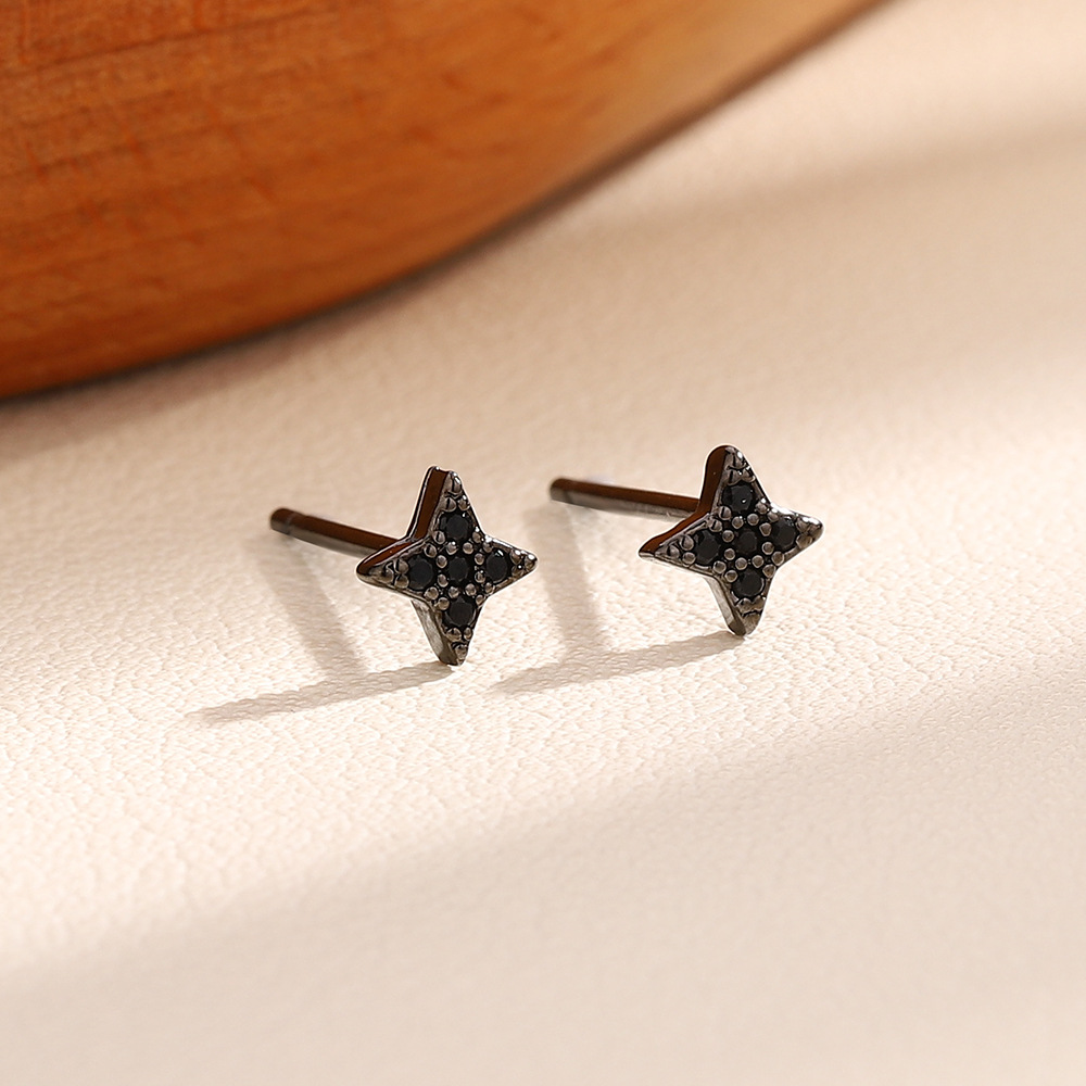 斯井简约十字星星耳钉女欧美潮流气质个性百搭黑色锆石四芒星耳环