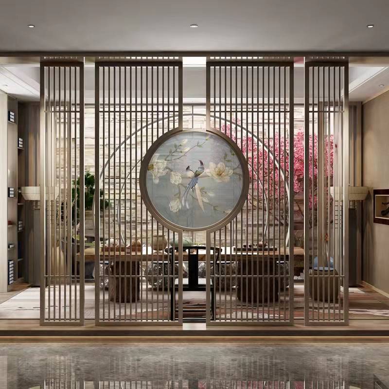 家用新中式金属花格隔断酒店大堂茶室遮挡不锈钢屏风简约座屏玄关