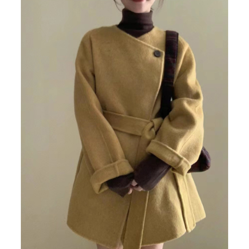 姜黄色韩系大衣女2023秋冬款韩版设计感气质名媛小香风毛呢外套女