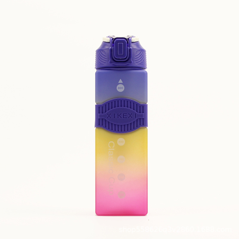 New Three-Color Rainbow Gradient Square Sports Straw Plastic Water Cup Portable Bouncing Water Bottle 800ml