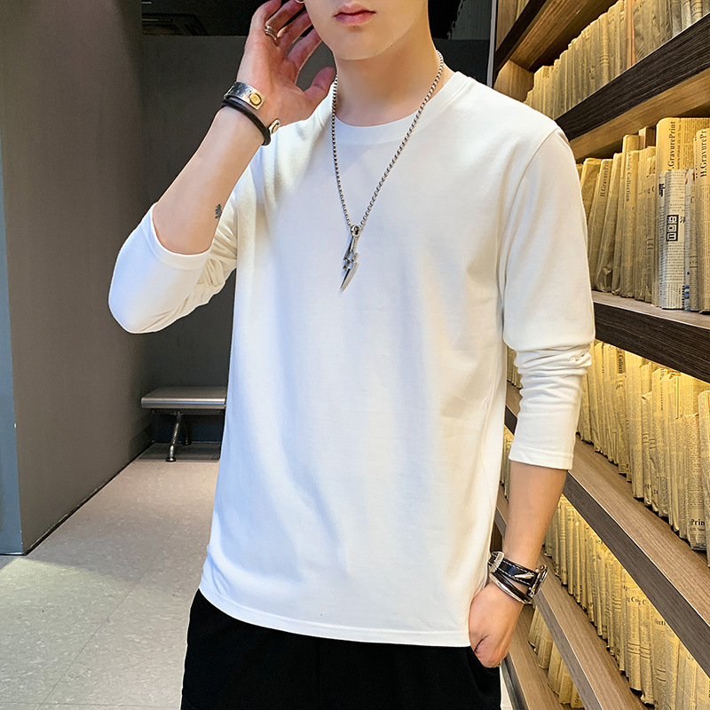 Men's Long-Sleeved T-shirt Solid Color White Cotton Base Shirt Korean Style Sports Loose Trendy Ins Spring Autumn Underwear Casual Top