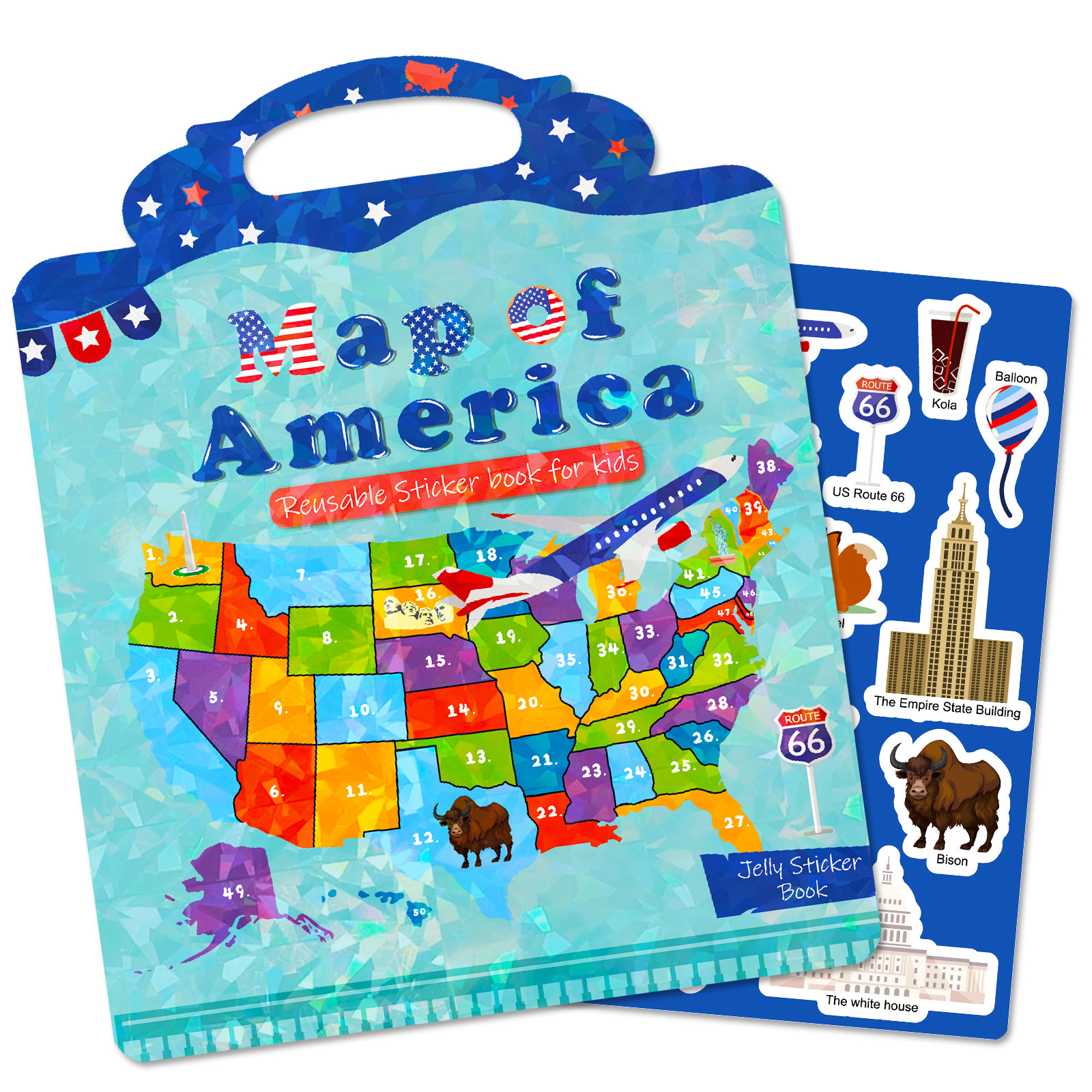 跨境热卖儿童认知美国地图早教注意力培养反复贴手提果冻贴纸书
