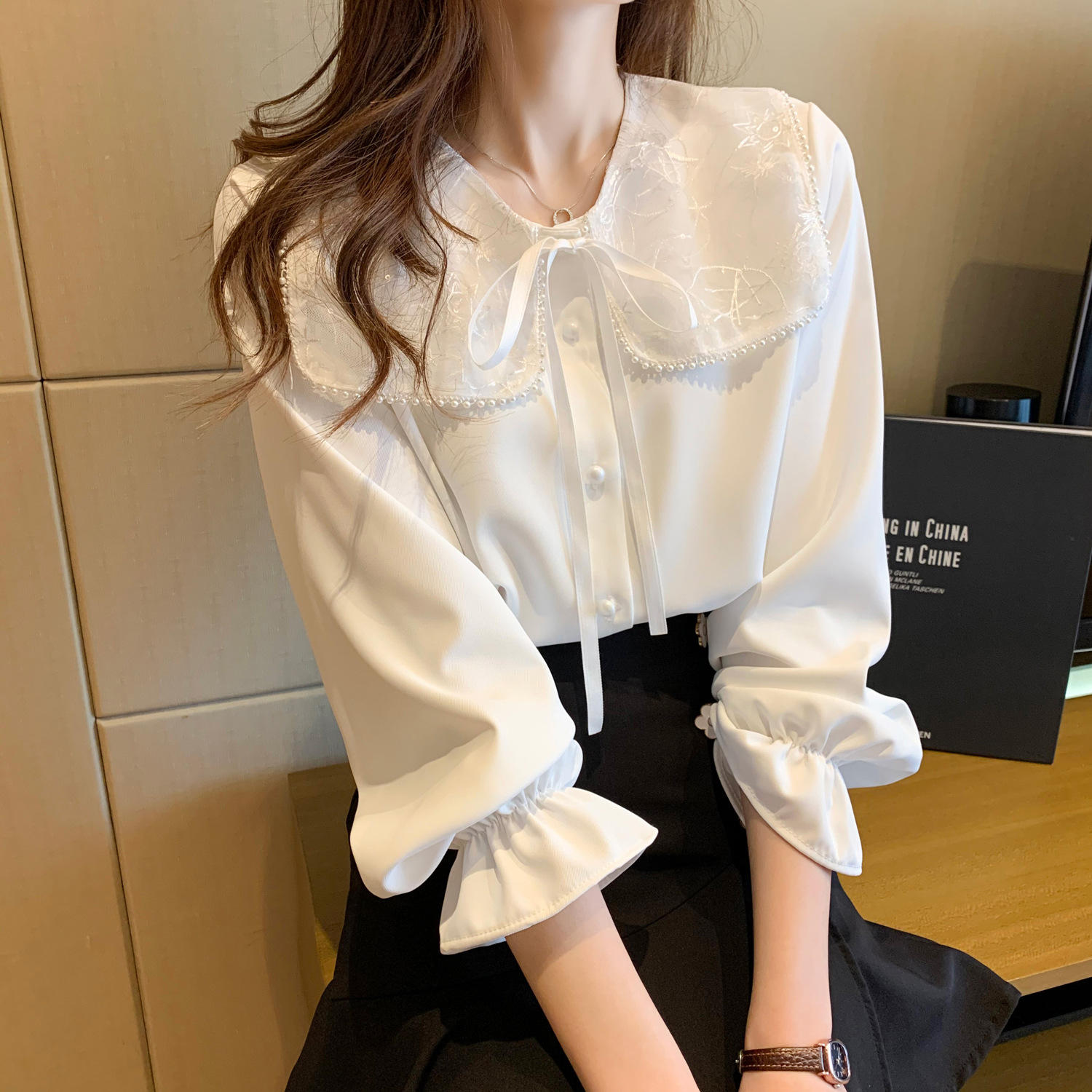 网红娃娃领白衬衫2021春秋新款小清新甜美学生衬衣洋气减龄雪纺衫