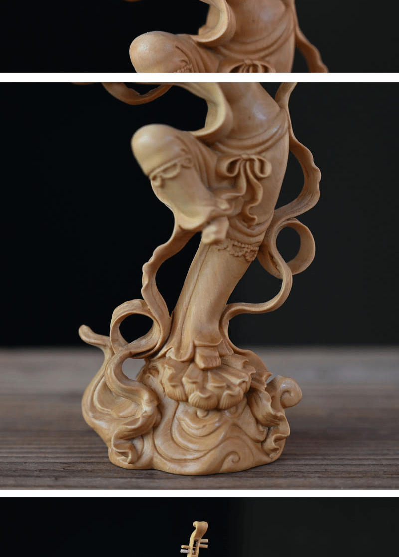 黄杨木敦煌飞天仕女木雕摆件 木质工艺品古典美女家居办公摆饰