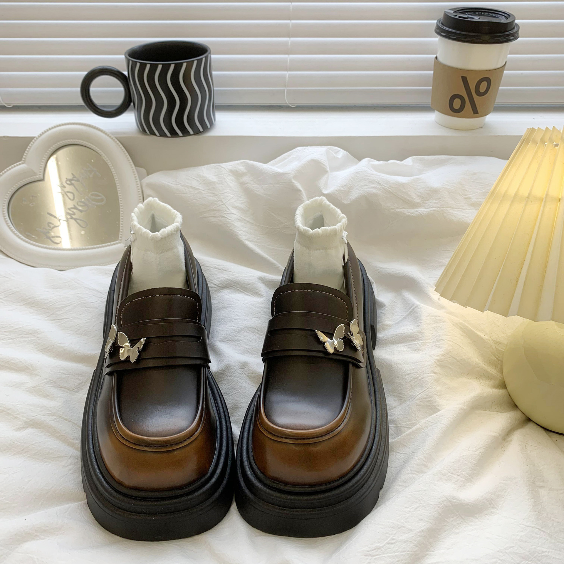 圆头厚底单鞋女黑色学院风小皮鞋百搭英伦乐福鞋2023正装鞋子jk鞋